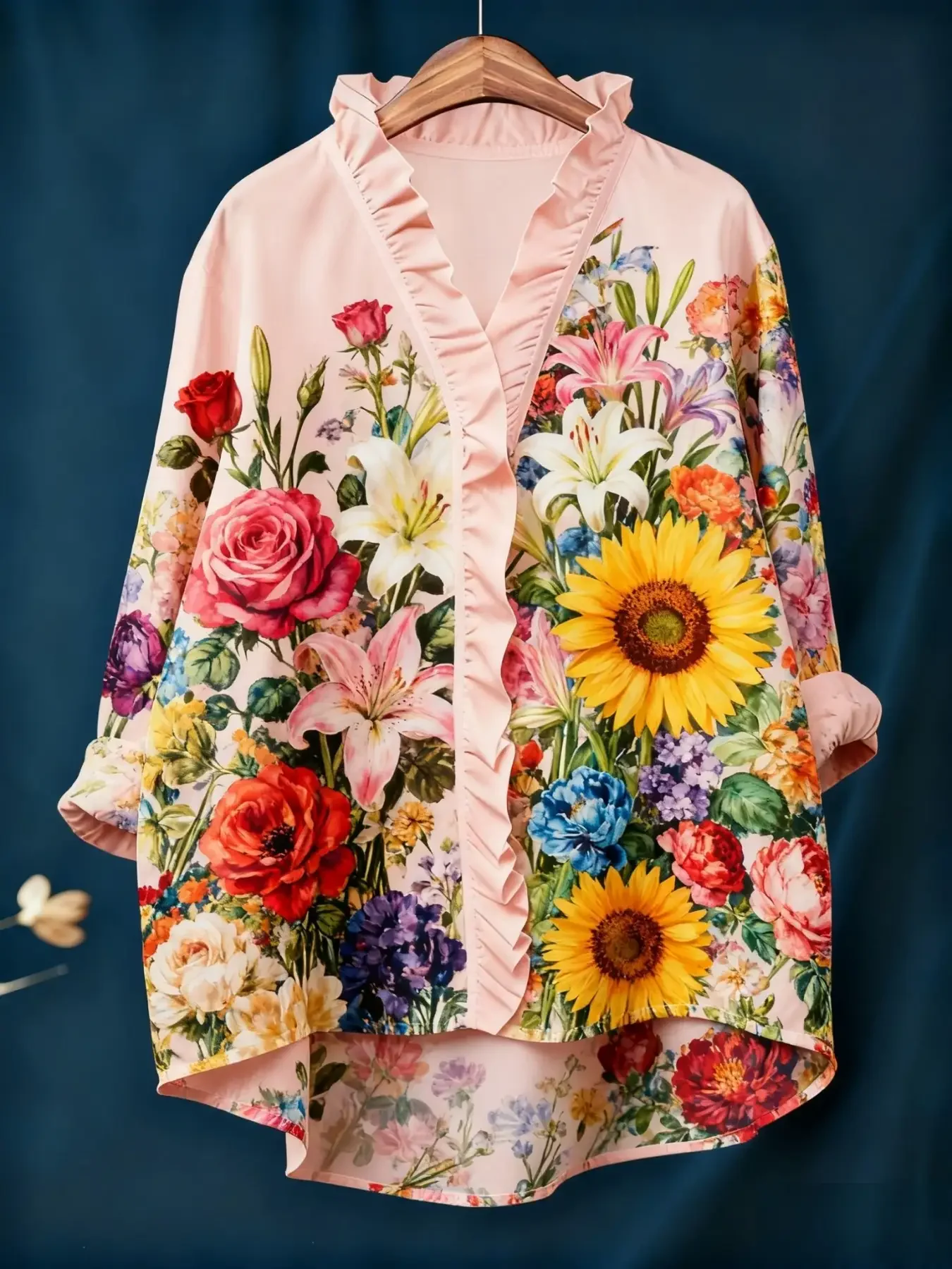 Ladies' printed long sleeved shirt with ruffled neckline, featuring a vintage artistic and Soft and textured to the touch
