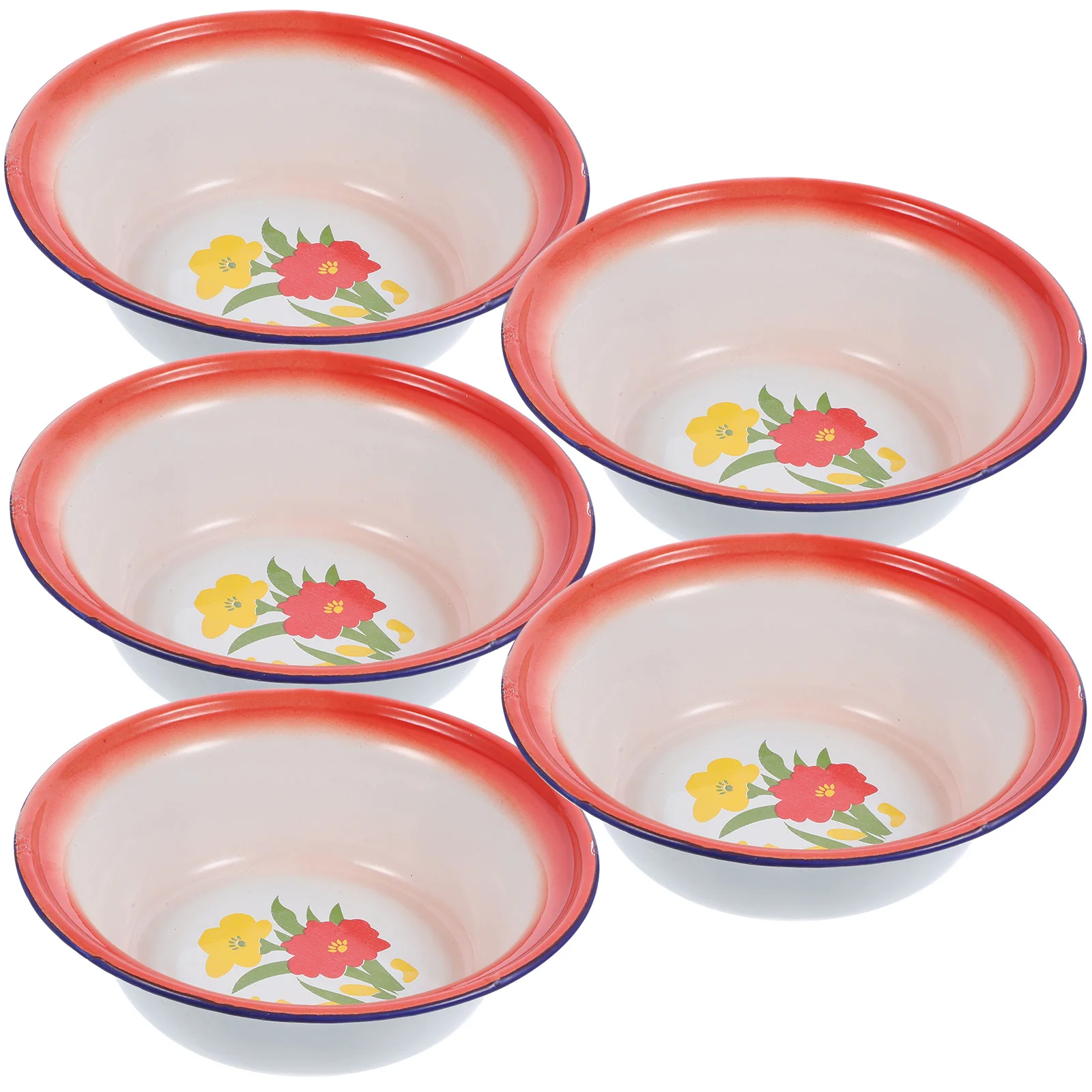 

5 Pcs Enamel Food Camping Bowls Floral Pattern Metal Deepen Vintage Bowl Basin Food Bowl for Camping Household Use