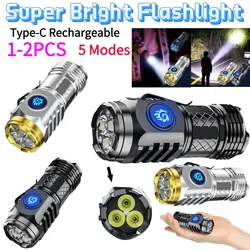 1-2Pcs Flashlight Type-C Rechargeable Waterproof Flash Light 5 Light Mode Super Bright Flashlight Powerful Handheld Flashlight