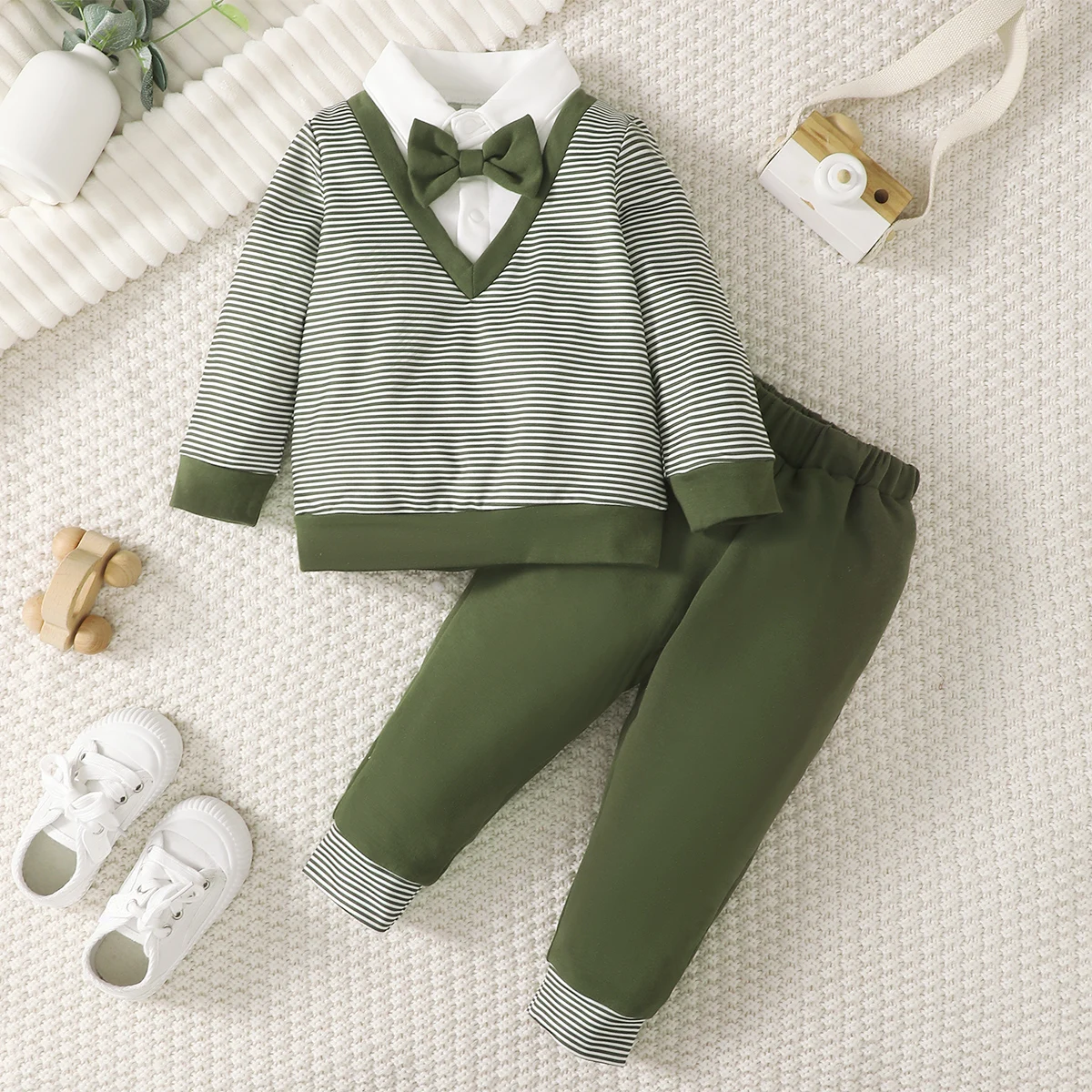 

Весенне-осенний комплект для маленьких мальчиков, зеленые полосатые длинные рукава и длинные штаны, подходит для маленьких мальчиков 0-3 лет, нежный комплект Smart Small Boys