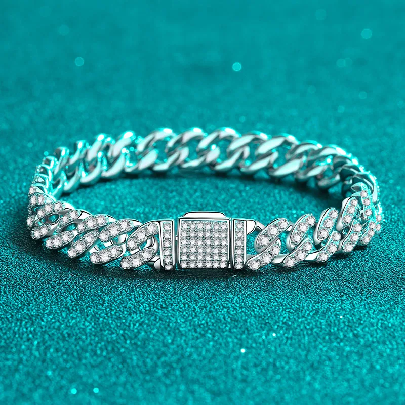 

925 Pure Silver Cuban Link Bracelet with Brilliant Moissanite Stones