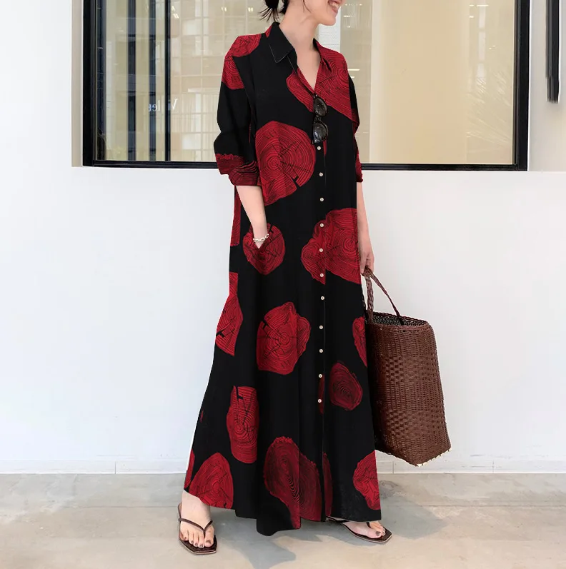

Shirt Dress For Women Spring Autumn V Neck Long Sleeve Printed Sundress Casual Loose Dresses Robe Femme Maxi Vestidos Kaftan