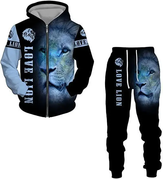 Herren Reißverschluss-Hoodie Trainingsanzug mit 3D-Grafikdruck Löwenkönig Langarm-Sweatshirt Jogginghose Locker Sitzend Herbst Winter Hip-Hop Alltagskleidung – Detail 15