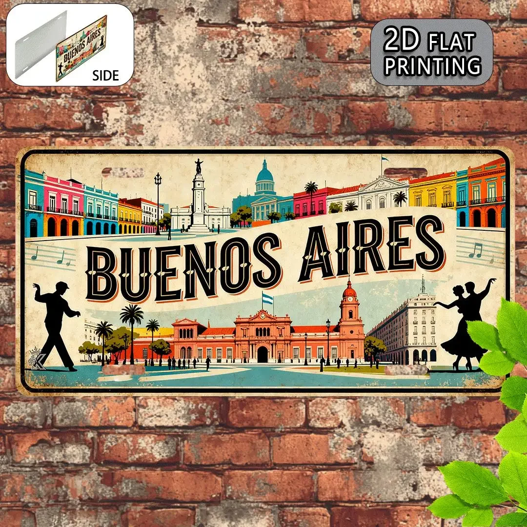Plaque murale en métal vintage 2D plate, 1 pièce, Buenos Aires Argentine - Décoration murale rétro avec texte espagnol et thème