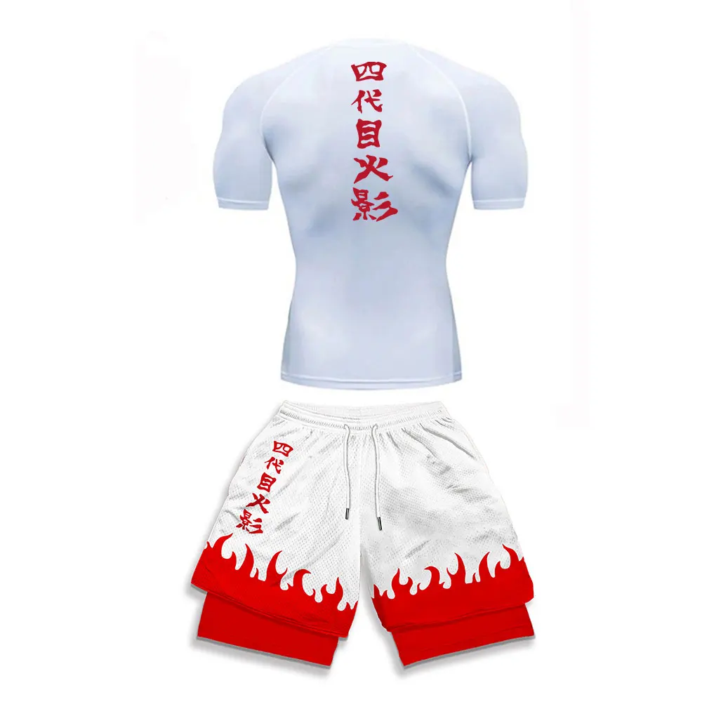 

Компрессионная рубашка + шорты для спортзала, 2 предмета, летний компрессионный комплект с принтом аниме для тренировок, спортивный костюм для бега, фитнеса для мужчин, спортивная одежда