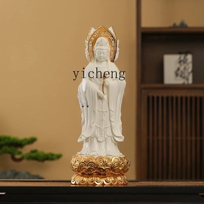 BJ-12  Three-Faced Guanyin Buddha Statue Ornament for Home Altar Worship White Porcelain Standing Premium