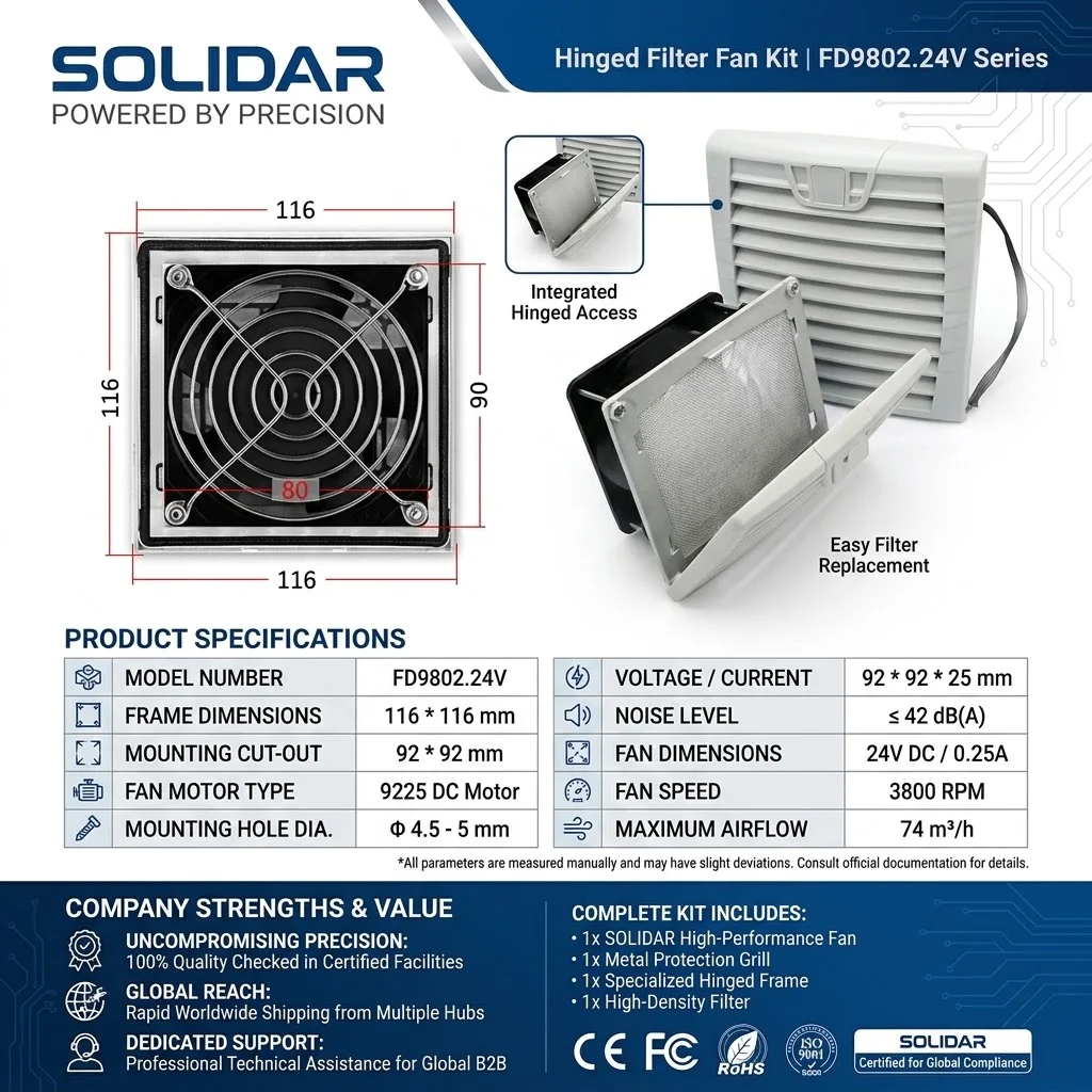 FD9802.24V Hinged Filter Fan Kit 116x116mm 24V DC 92mm Cabinet Cooling Fan High-Density Filter Media Dual Ball Bearing