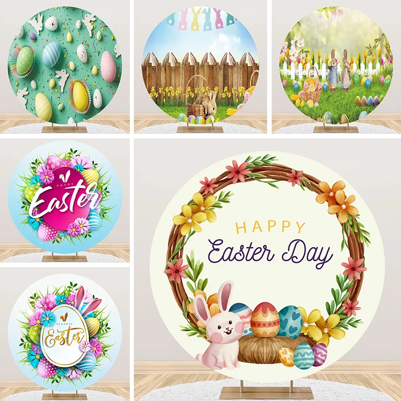 Easter Rabbit Backdrop Round Cover Spring Garland String Bunny Flower Garden Eggs Party Decoration Circle Photo Background Cloth