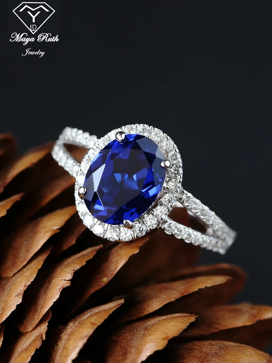 Created Sapphire Gemstone Cocktail Halo Ring For Women Blue Echt 925 Sterling Silver Party Anniversary Gift Female Oval Shape