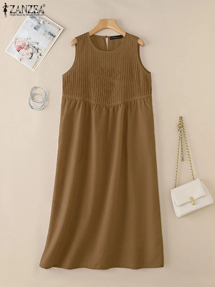 ZANZEA แฟชั่นฤดูร้อน Holiday Beach Dress ผู้หญิง Sundress 2025 สบายๆ O คอ Baggy Vestido Elegant Solid ชุดจีบ