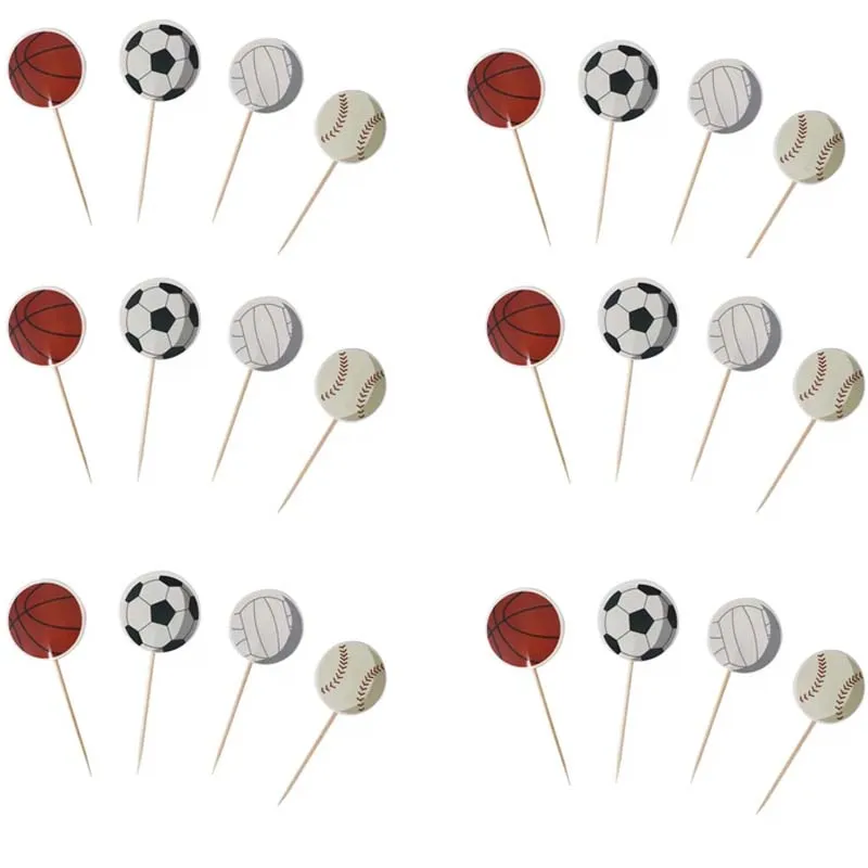 24PCS Basketball Baseball Volleyball Soccer Cupcake Toppers Sports Theme Football Cupcake Picks For Kids Birthday Party Supplies