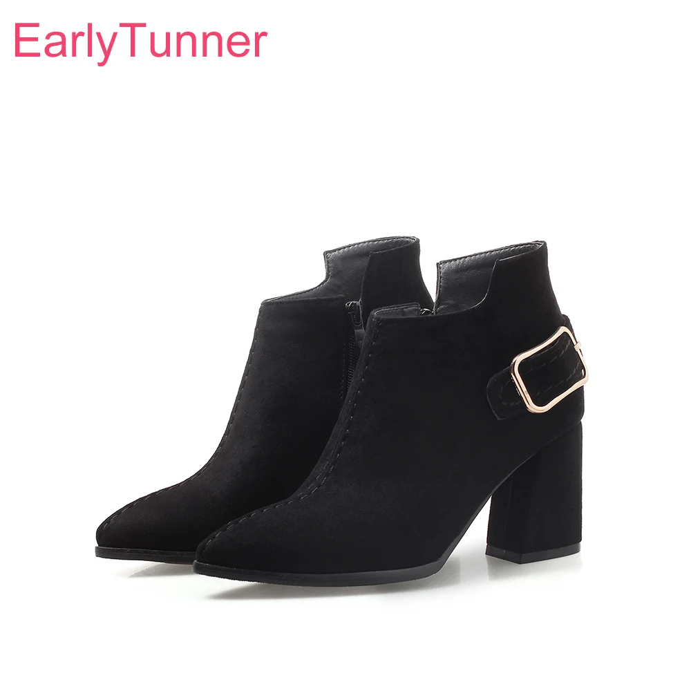 

Spring New Fashion Black Brown Women Ankle Boots Pointed Toe High Square Heels Lady Nude Shoes Plus Small Big Size 32 43 45 47