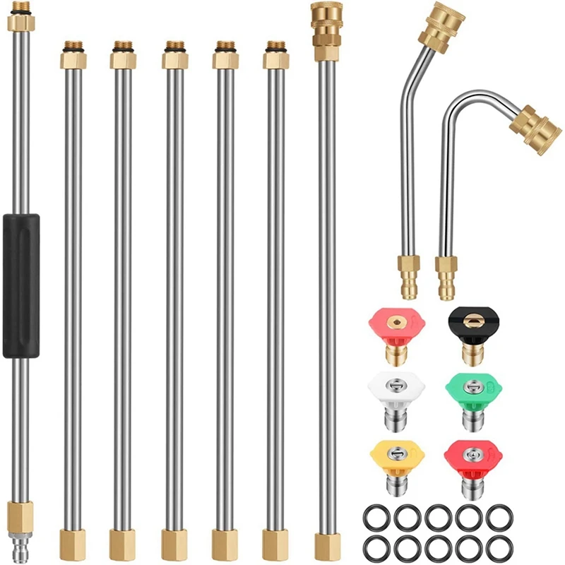 

14Pieces Pressure Washer Extension Wands 10Ft Replacement Lance, Curved Rod 30 Or 120 Degree, 12Pieces Spray Nozzle Tips