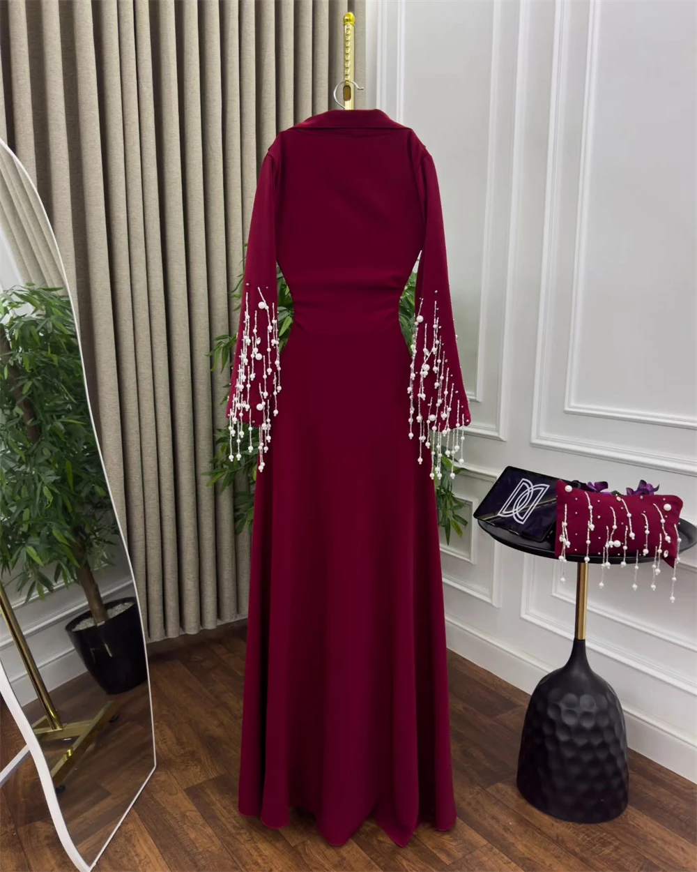 Customized Evening Dress Temperament V-Neck Vestido  De  Festa  Jersey Long Sleeves Sweep Train  Sweep Train  Evening Dress