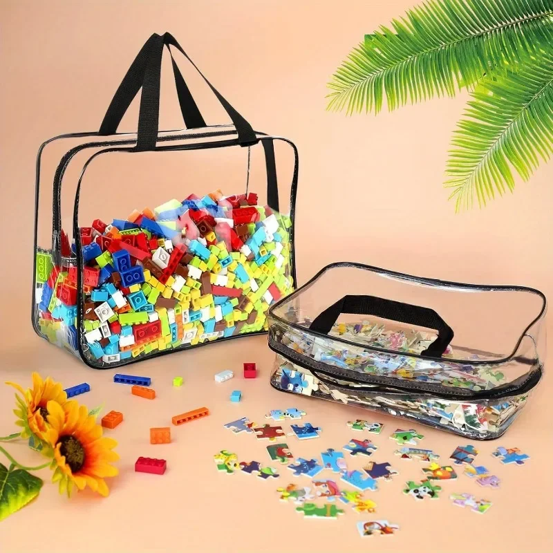 Clear PVC Toy Storage Bag, Transparent Zipper Organizer for Building Blocks Jigsaw Puzzle, Portable Kids Toy Storage Tote Bag
