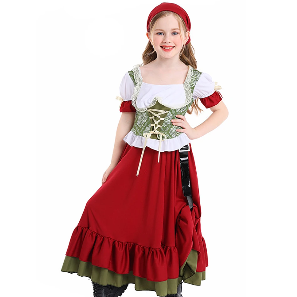 

Girl Stage Performance Wine Red Dance Dress Children Beer Festival Split Skirt Set Kid Pastoral Print Carnival Halloween Costume
