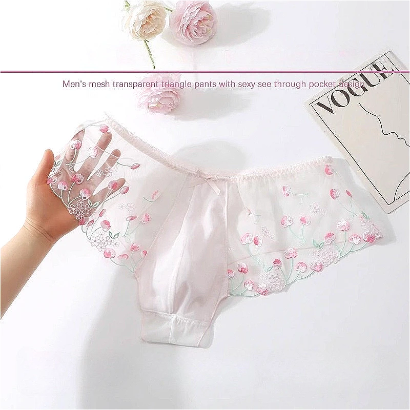 Mesh Sexy Lingerie Mens Floral Embroidery Convex Pouch Underwear Gay Man Lace Erotic Briefs Perspective Silky Male Panties 2025