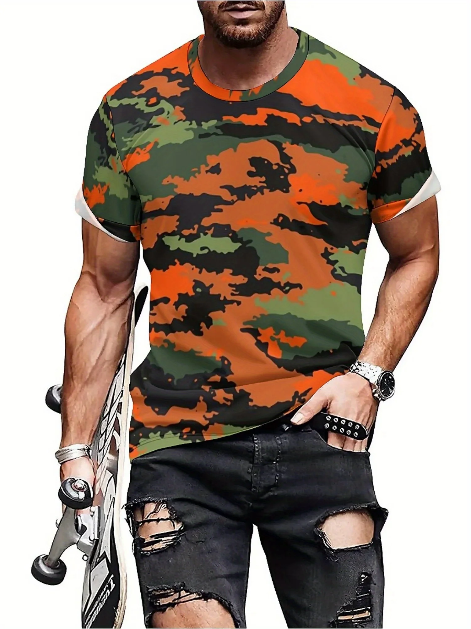 봄/여름 남성 및 여성 3D 프린트 반소매 티셔츠 - 생기 넘치는 기하학적 위장 패턴