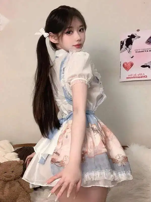 Lolita Style Sexy douce fille Anime robe bidimensionnelle Lolita imprimé femme de chambre tentation perspective fil manches bouffantes uniforme UVN