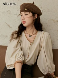 MISHOW French Retro Contrasting V-neck Shirt 2024 Autumn Solid Lantern Sleeve Top Single Row Two Buttons Casual Shirt MXD26X1597