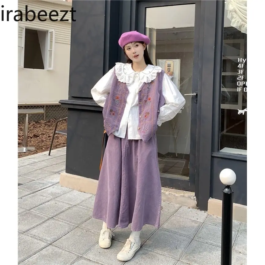 Japanese Corduroy Cardigan Vest + Doll Collar Shirt + Skirt 2024 Fall Suit Women LOOSE FIT Casual Costume Deux Pieces Femme