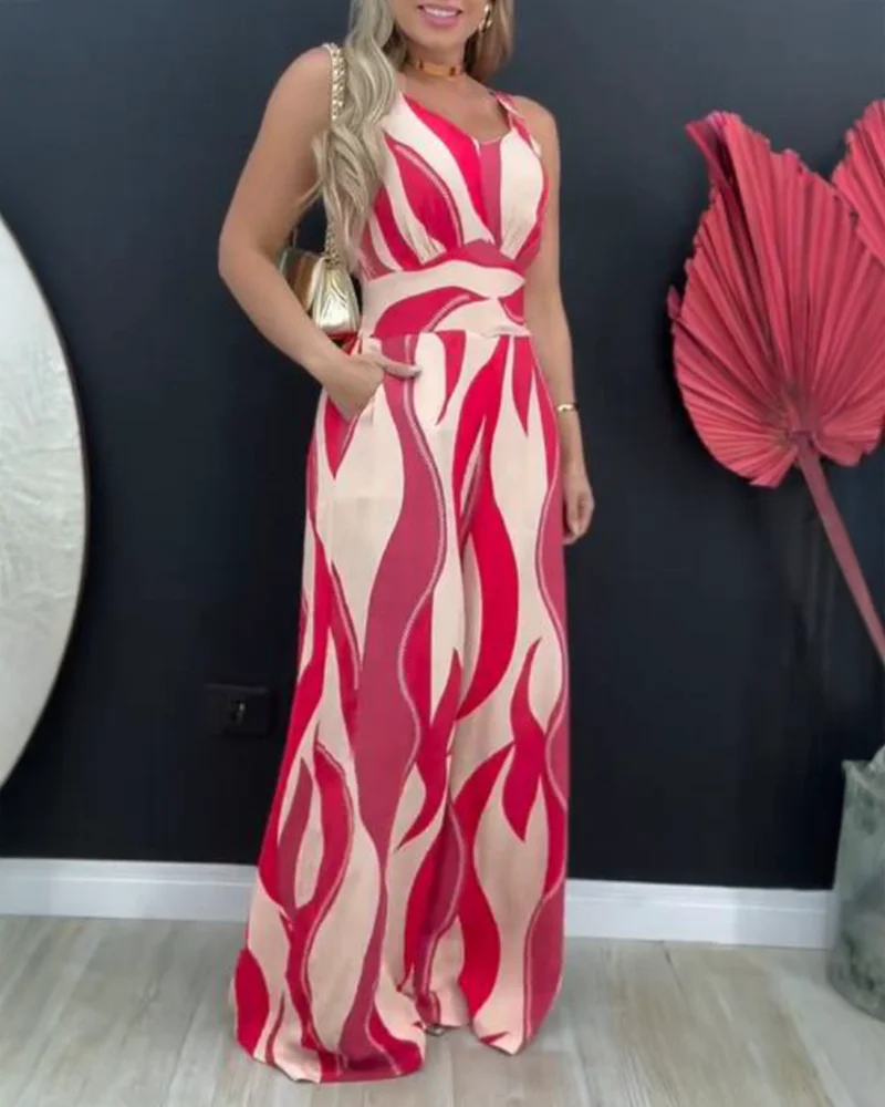 Women Geometric Print Casual Thick Strap Shirred Wide Leg Jumpsuits Femme V-Neck Sleeveless Overalls With Pockets Party Outfits