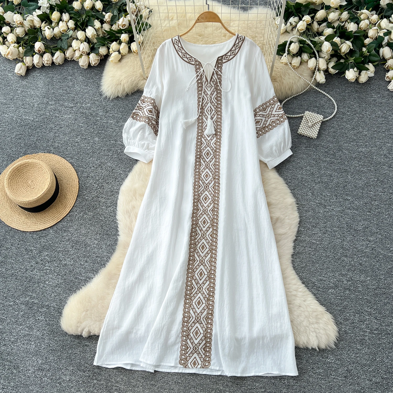 Chic vintage acanalado suelto delgado elegante Hada moda coreana Boho vestido veraniego otoño mujer ropa vestido largo