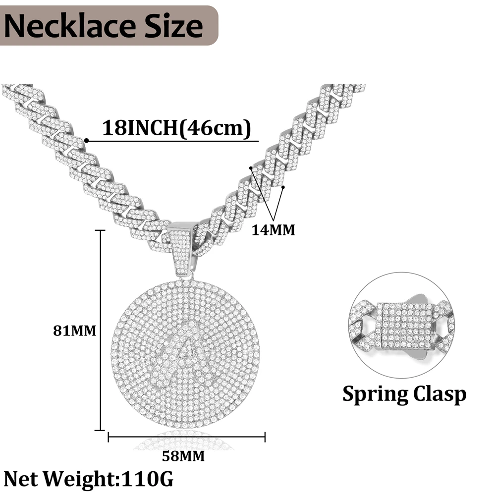 Iced Out Round Initial Pendant Necklace 14MM Rhombus Cuban Link Chain 26 Letters Chain Necklaces Women Men Hiphop Jewelry
