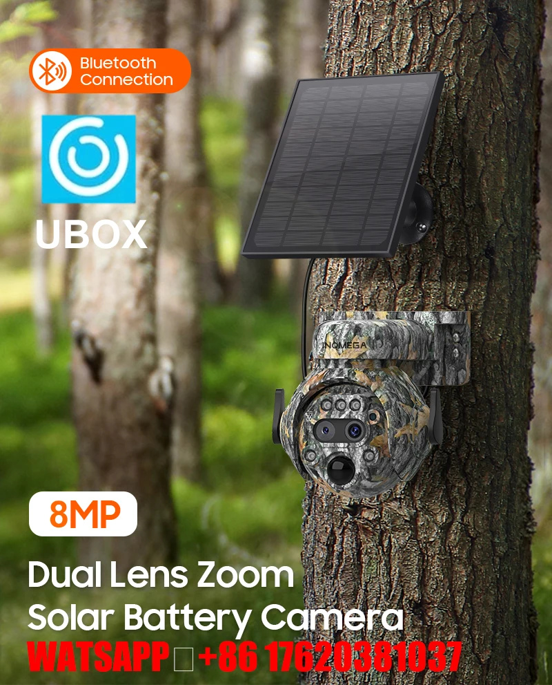 INQMEGA 12X ZOOM 4K 8MP Solar Camera Dual lens 4G 360° View Camouflage Color Outdoor Hunting Camera 7800mAh Battery Ubox app