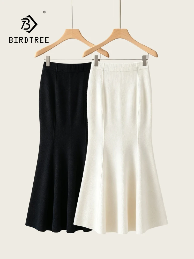 BirdTree-100%Wool Elegant Knit Skirt, Elastic Waist Solid, Women Korean Commute Warm Trumpet Skirt, 2026 Autumn New B6O664CC