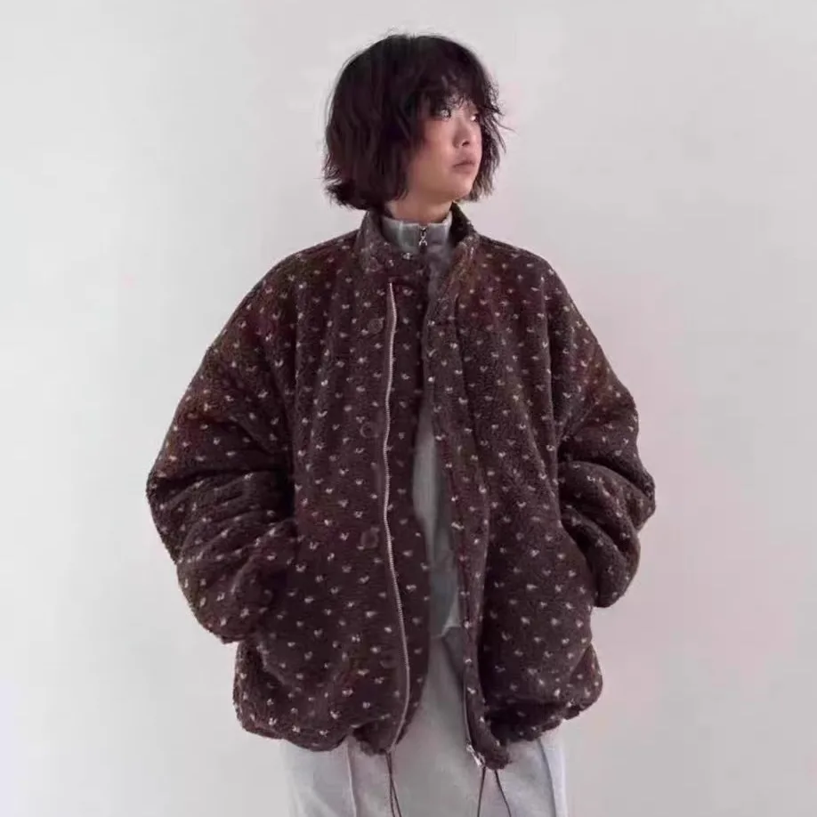 Retro óleo seul zíper coração bolinhas fce leve casaco quente gola senhoras outerwear thiened longo sve casaco