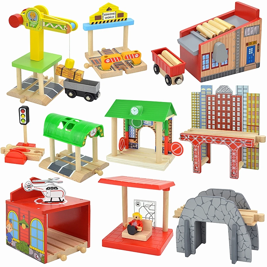 Wooden Crane Tower Railway Track Accessories Tunnel Cross Bridge Lumberyard Train Cross Road Wood Brick Fit Biro For Childern