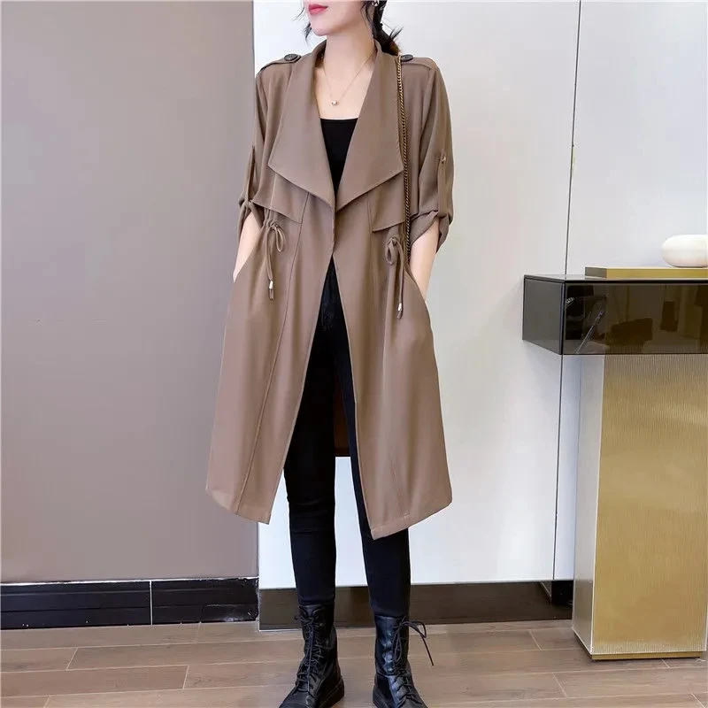 

BlackLarge Lapel Windbreaker Coat Female 2025 Spring Autumn New Waist Slim Long Coat Fat Sister Lace-Up Trench Coat high-quality