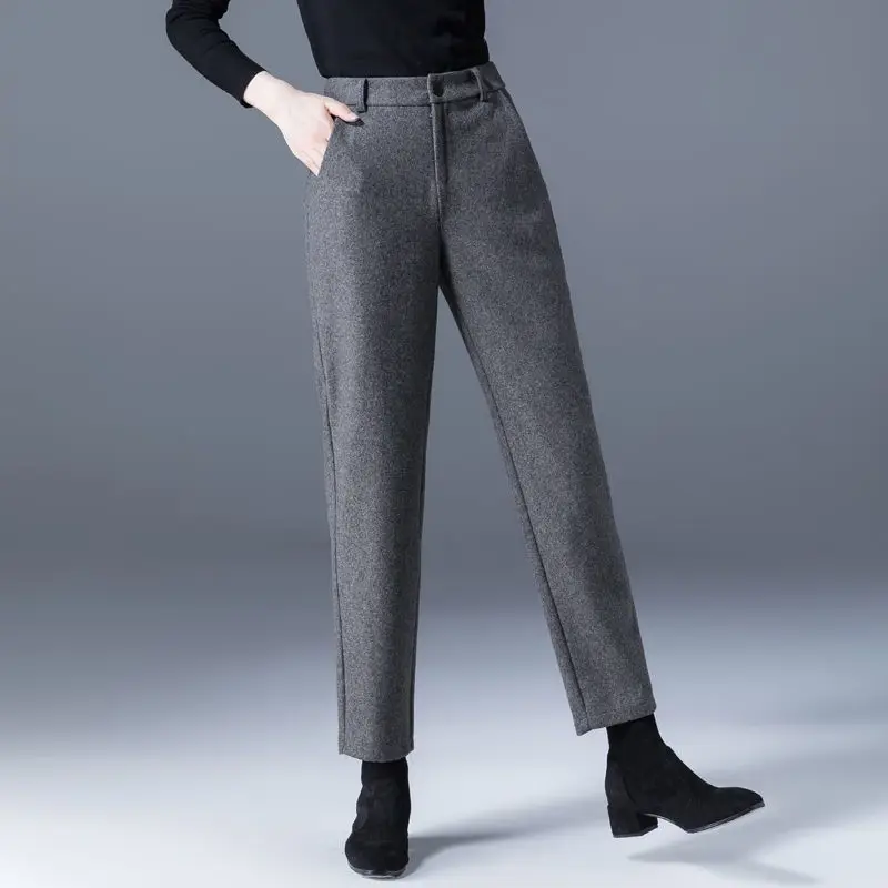 Autumn Winter Women's Thicken Pants New Solid Pocket Button Zipper Korean Fashion High Waist Haren Ankle Length Woolen Trousers