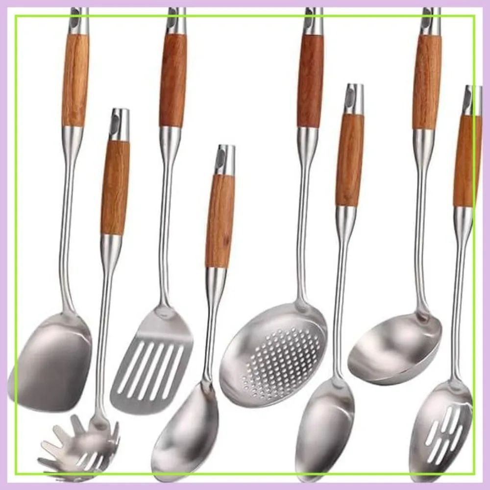 

18/10 Stainless Steel Kitchen Utensils Set with Wood Handle - 15 inch 8-Piece Cooking Spoons Set for Serving & Cooking