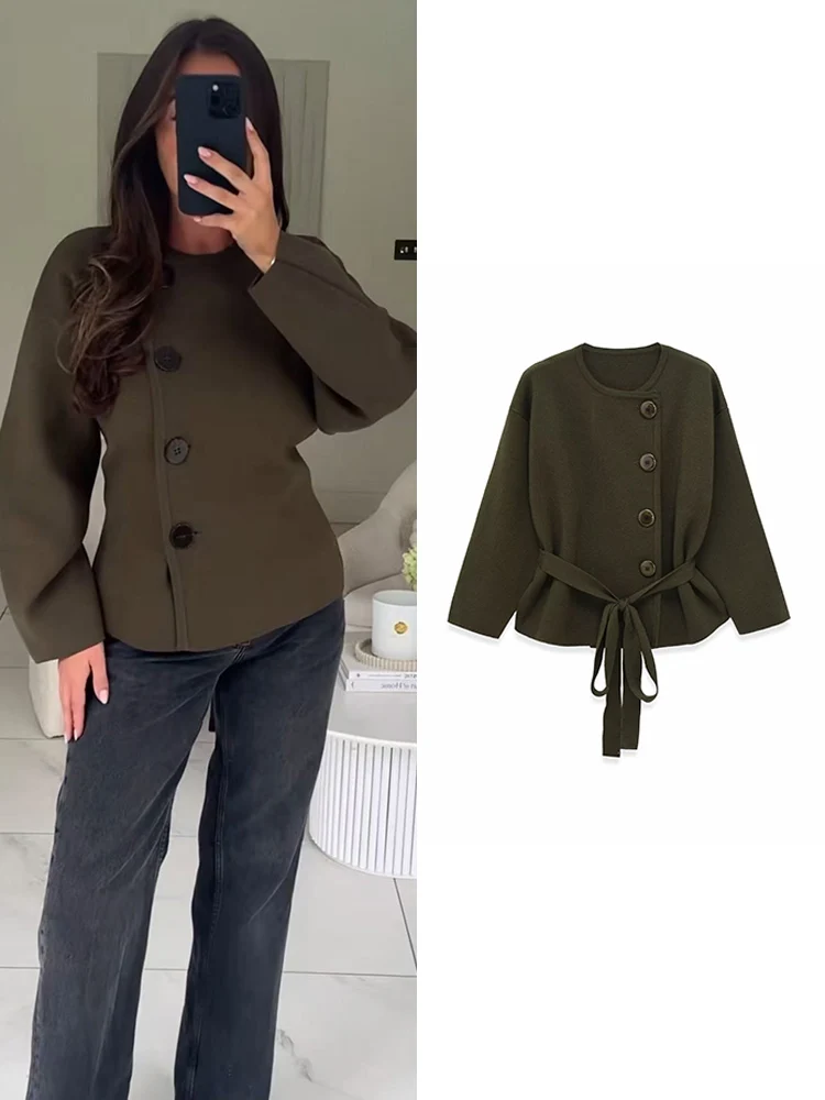 

TFMLN Elegant Women's Knit Coats With Belted Round Collar Long Sleeve Lace-Up Button Jackets 2025 Autumn Female Knitted Tops