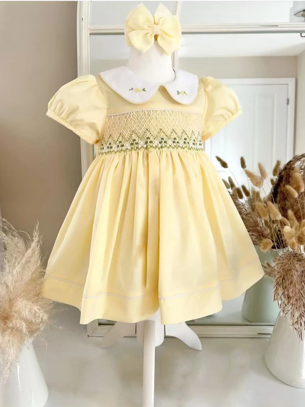 Baby Girl Summer Yellow Smocked Handmade Embroidery Turkish Vintage Lolita Princess Dress for Birthday Eid Photography  A69