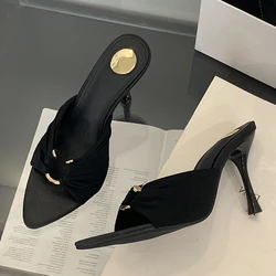 Liyke Summer Fashion Slippers Women Mules Slides Sexy Hollow Out Metal Buckle Designer Sandals High Heels Female Shoes Black