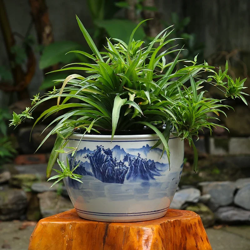 8 Inch Porcelain Plant Pot Outdoor Blue and White Tree Big Ceramic Fishbowl Planter Vintage Pottery Planter Pots Flower Chinese