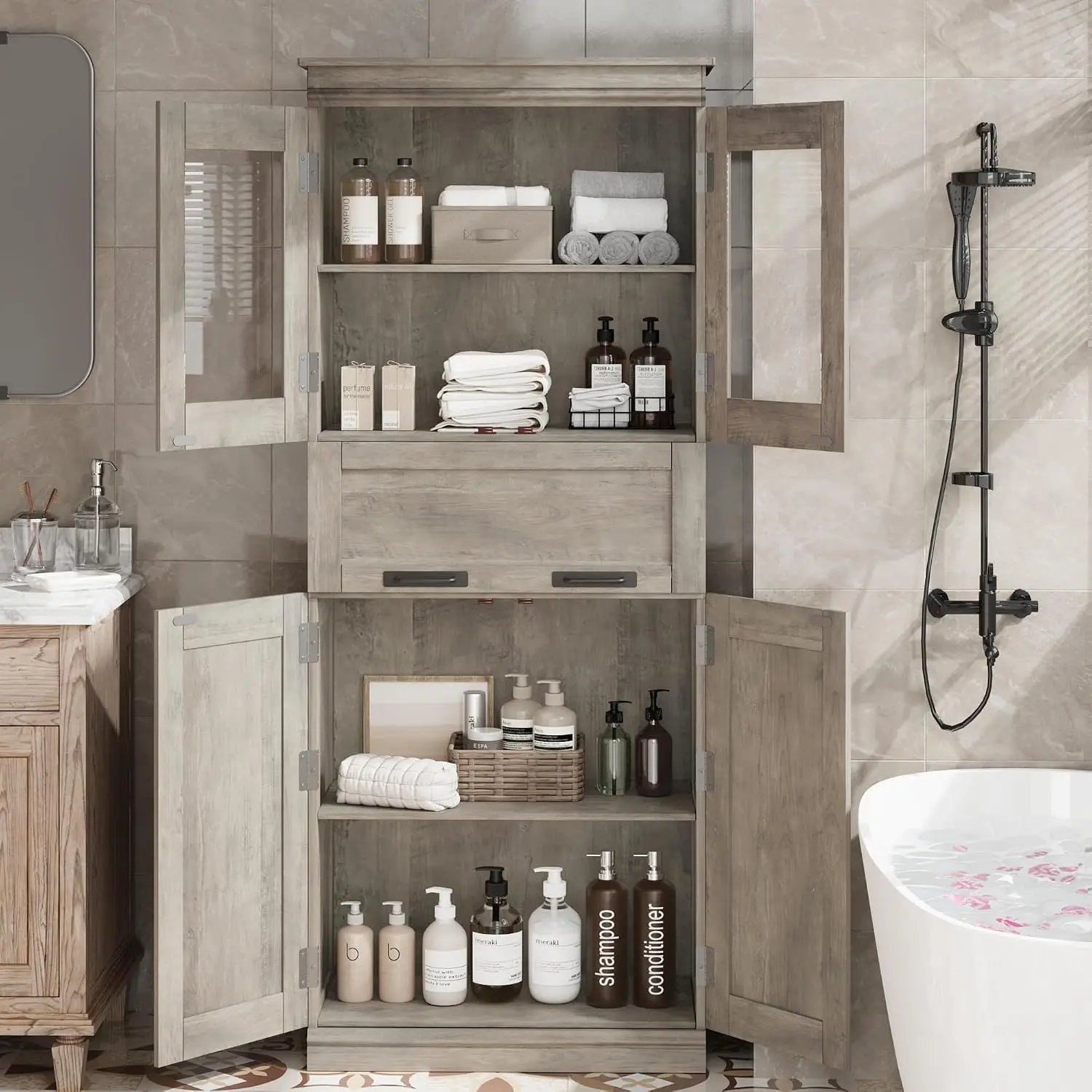 67" Freistehender 170 cm Retro-Badschrank mit transparenten Türen und Metallgriffen, schmaler Aufbewahrungsschrank mit verstellbaren Regalen, für Badezimmer und Wohnzimmer