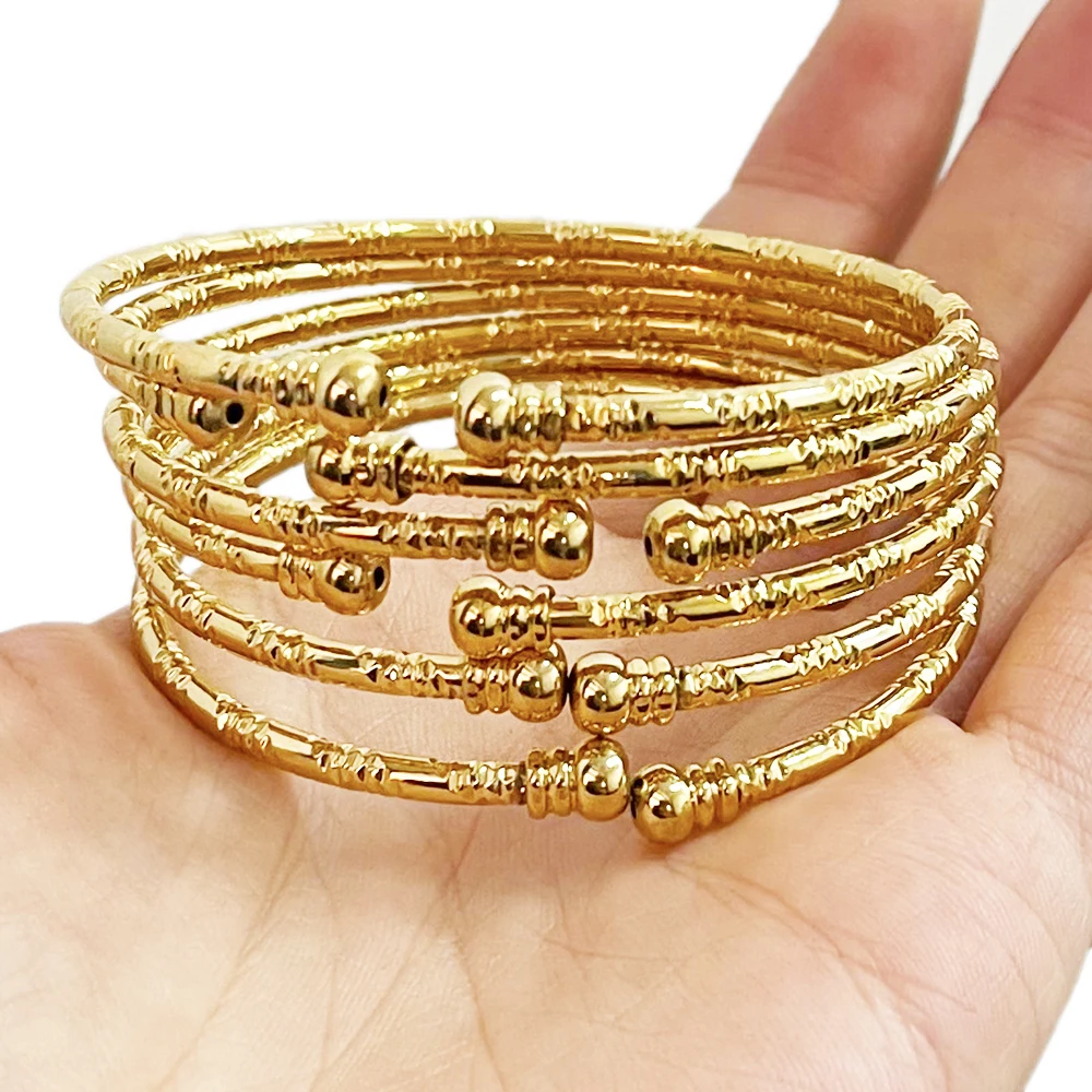6Pcs Gold Plated African Bangle Set for Women Dubai Style Twist Open Cuff Stackable Bracelets Bridal Jewelry view 2