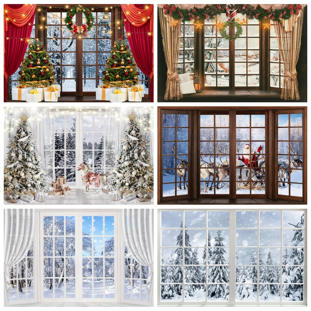 Winter Landscape Window Backdrop Snow Scenery Tree Photography Background for Kids Family Christmas New Year Party Photo Studio