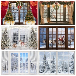 Fondo de ventana de paisaje de invierno, paisaje de nieve, árbol, fotografía de fondo para niños, familia, Navidad, fiesta de año nuevo, estudio fotográfico