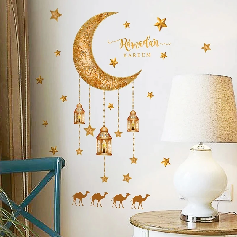 Ramadan Decoration Wall Stickers Eid Mubarak Lantern Moon Star Wall Stickers For Eid Home Wall Decals Islam Muslim Party Favors