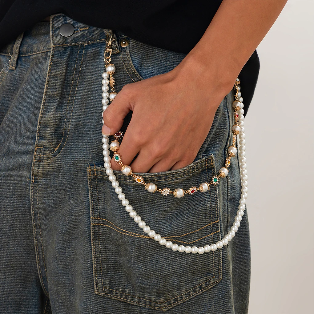 Punk Colorful Zircon Cross Pendant Pants Chain for Women Men Gothic Multi Layer Imitation Pearl Chain Waist Chain Jeans Jewelry