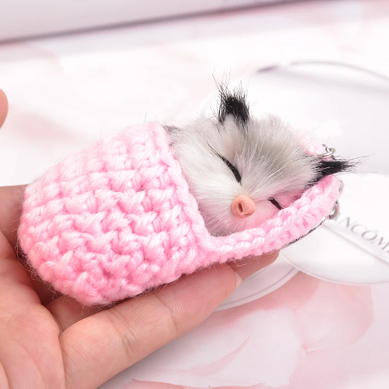 EASYA Handmade Cute Sleeping Cat Pompom Funny Bag Keychain For Women Girls 4 Colors Woven Shoes Faux Rabbit Fur Car Key Rings