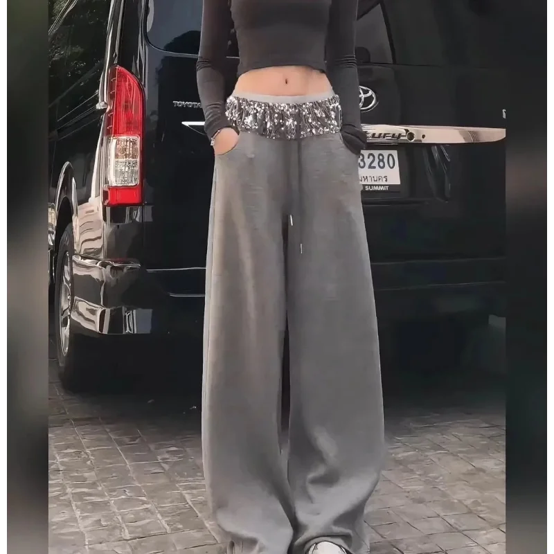 

Брюки для отдыха с эластичной резинкой на талии для тяжелой промышленности, весенне-осенние новые женские брюки с высокой талией и широкими штанинами, серые рукава