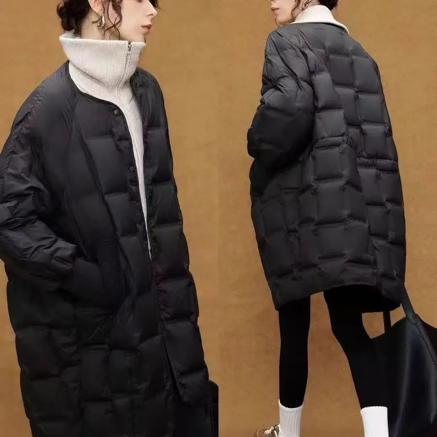 Herfst Winter Halflange Donsjack voor Vrouwen Nieuwe Warme Gewatteerde Witte Eend Donsjack O-hals Puffer Jas Mujer Trendy Zwart