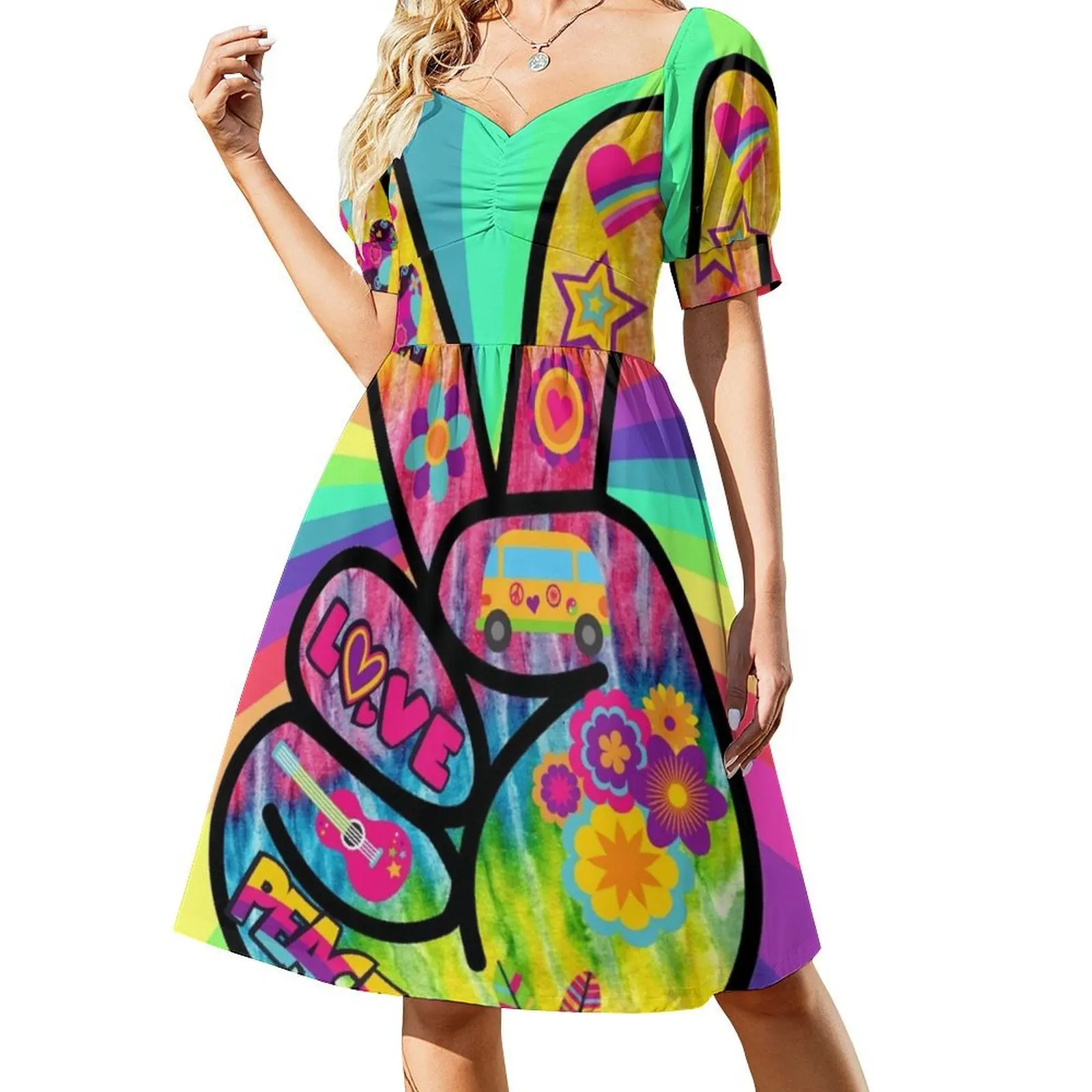 فستان Peace Man-Hippy Love Vibe بخلفية مخدر للنساء فستان أنيق للحفلات على شكل حرف a مع خيارات قصيرة/طويلة/بدون أكمام #2