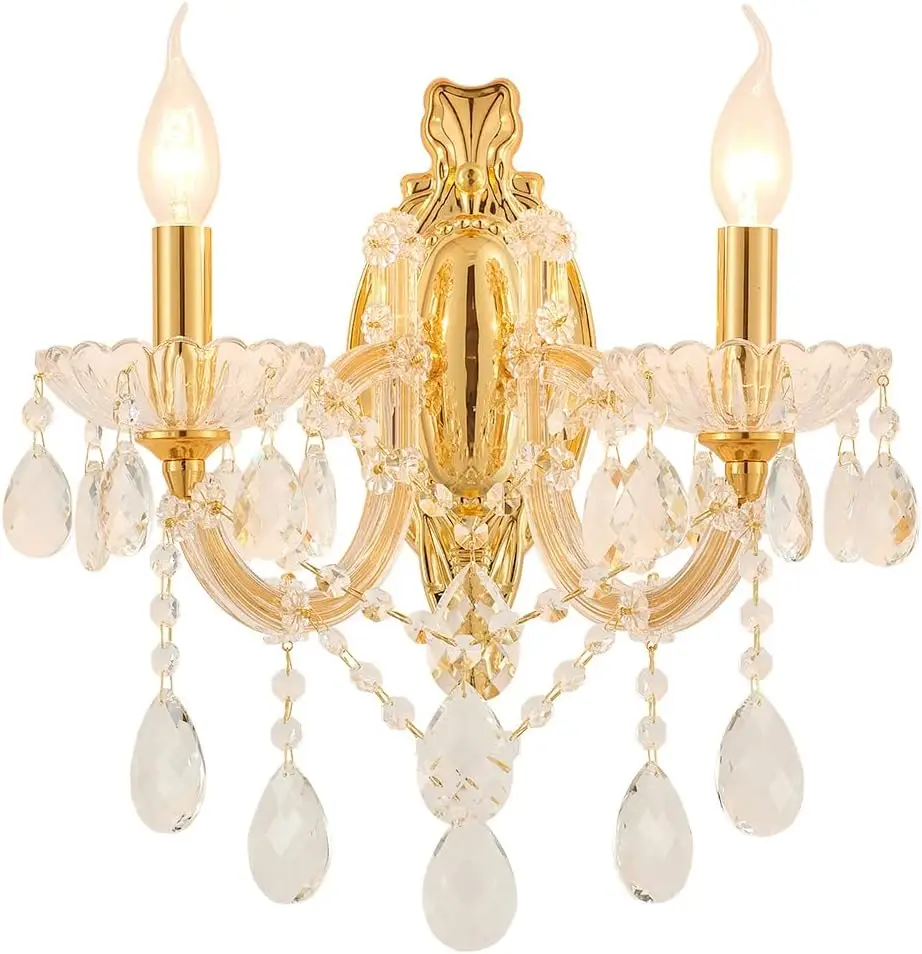 

Gold Crystal Wall Sconce 2-Light Candle Style Vintage Vanity Lamp Ornate Metal Frame with Glass Trim Hardwired E12 Base for Bathroom Bedroom